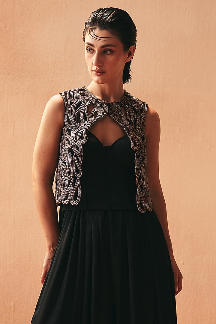 Black Cotton Embroidered Jacket Set by Kamaali Couture at Pernia's Pop Up Shop