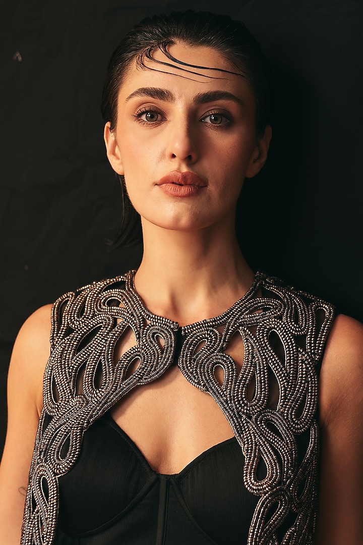Black Cotton Embroidered Jacket Set by Kamaali Couture at Pernia's Pop Up Shop
