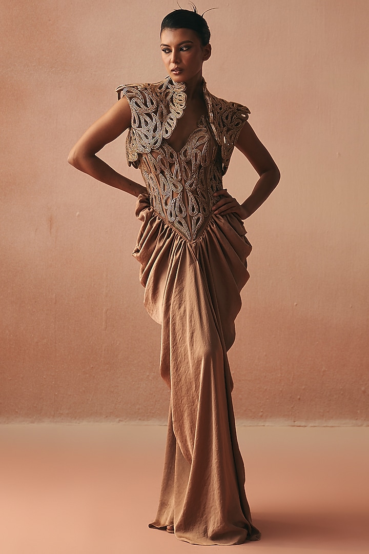 Gold Satin Wedding Gown by Kamaali Couture at Pernia's Pop Up Shop