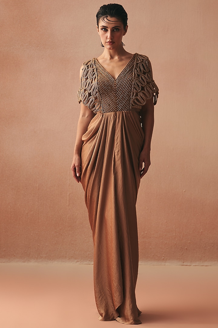 Gold Satin Embroidered Engagement Gown by Kamaali Couture at Pernia's Pop Up Shop