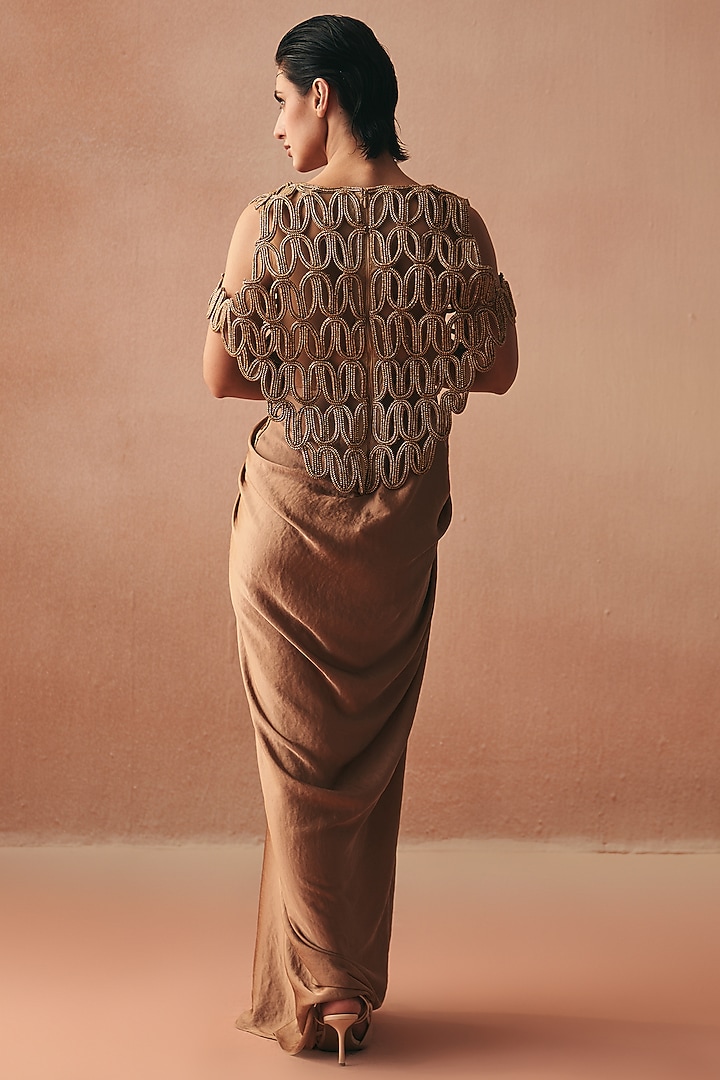 Gold Satin Embroidered Engagement Gown by Kamaali Couture at Pernia's Pop Up Shop