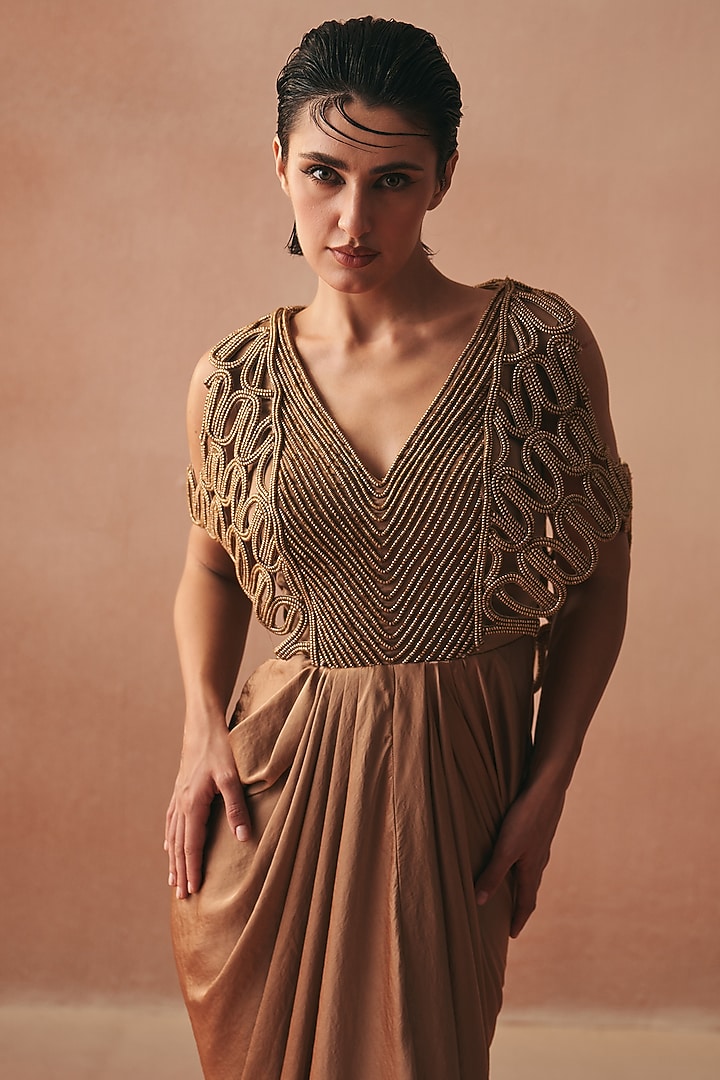 Gold Satin Embroidered Engagement Gown by Kamaali Couture at Pernia's Pop Up Shop