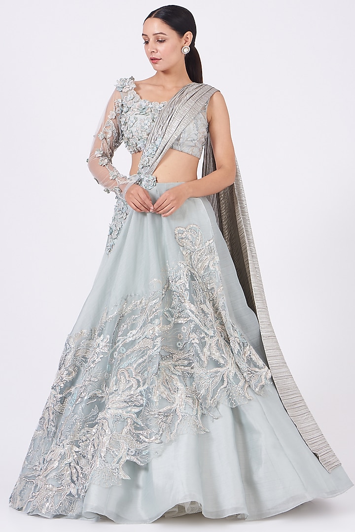 Ice Blue Embroidered Draped Lehenga Set Design by Kamaali Couture at ...
