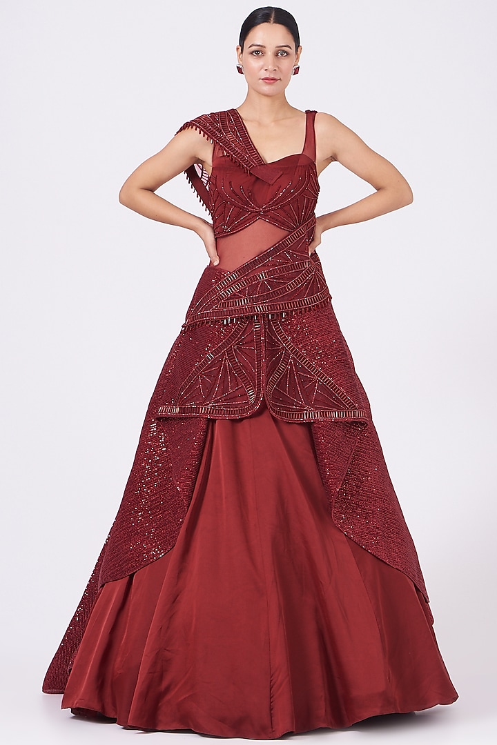 Cayenne Red Machine Embroidered Gown by Kamaali Couture