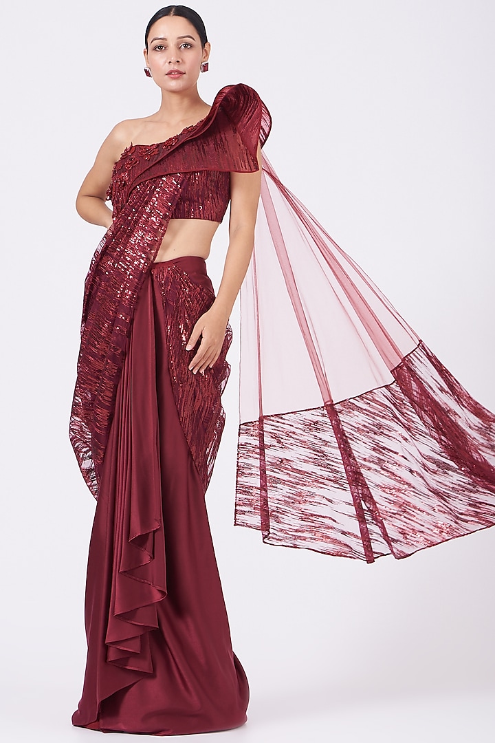 Dark Red Hand Embroidered Draped Saree Set by Kamaali Couture