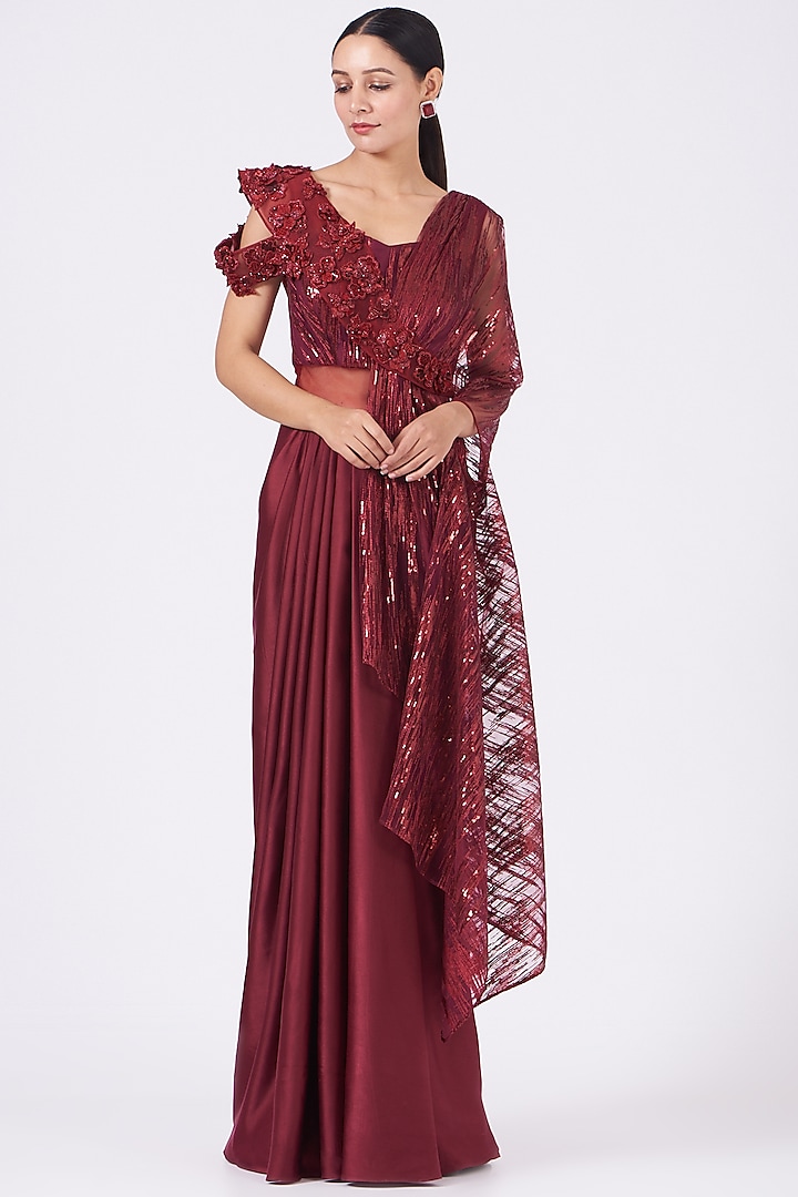 Maroon Hand Embroidered Draped Saree Set by Kamaali Couture