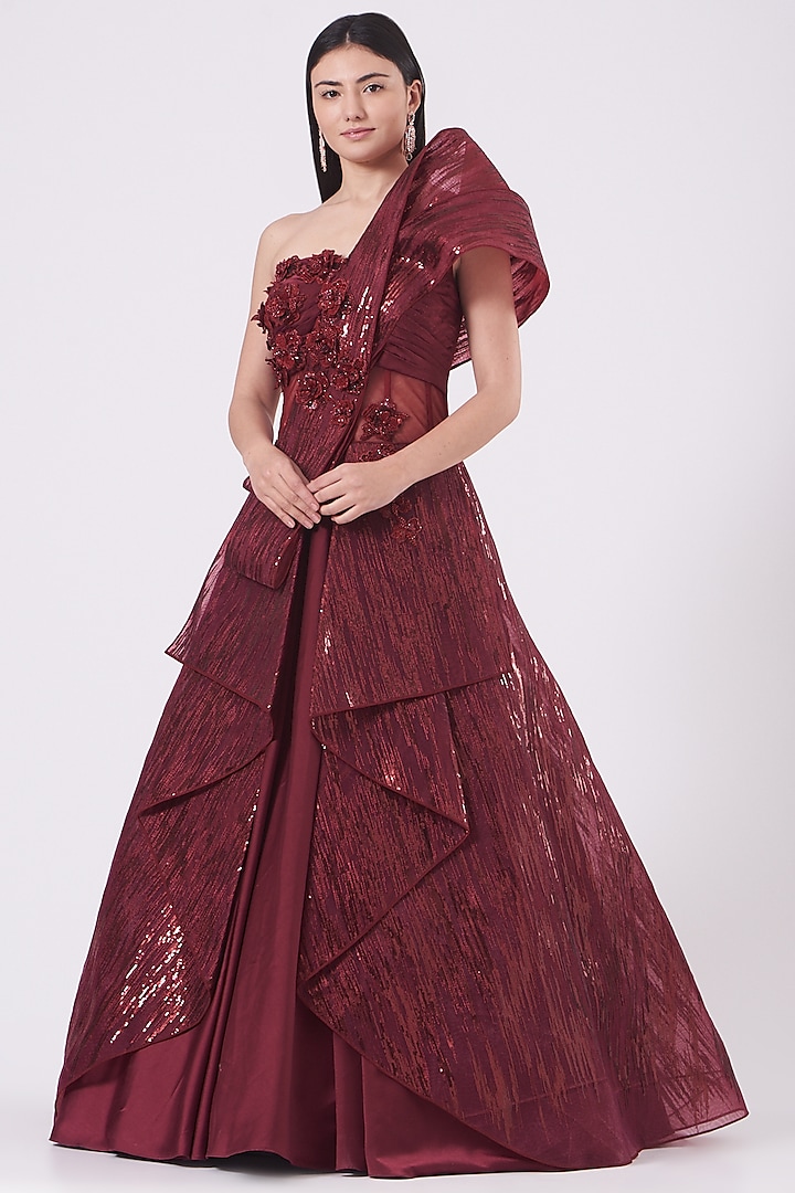 Maroon Hand Embroidered Peplum Gown by Kamaali Couture