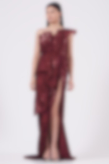 Maroon Hand Embroidered Gown by Kamaali Couture