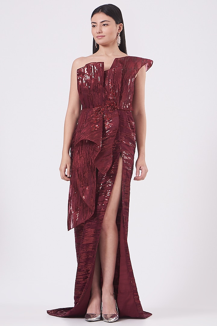 Maroon Hand Embroidered Gown by Kamaali Couture