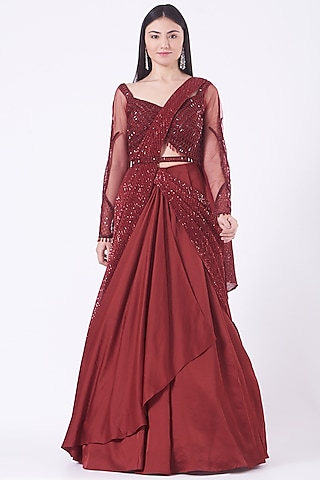 Maroon Hand Embroidered Lehenga Set by Kamaali Couture
