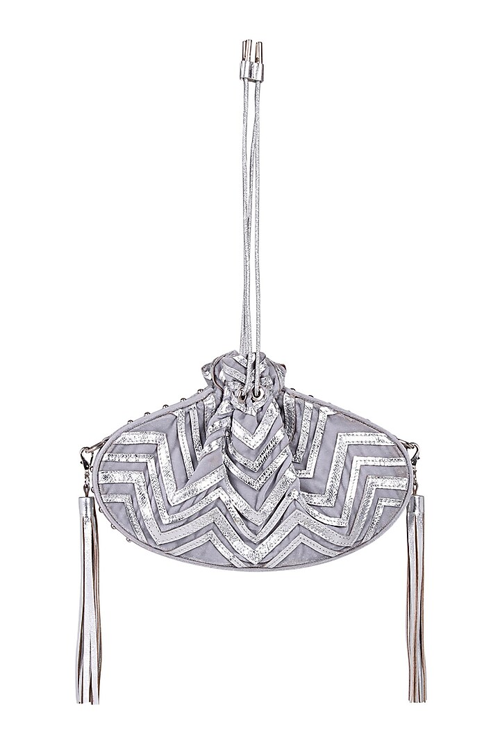 Silver Appliques Potli With Chain & Tassels by Kaeros at Pernia's Pop Up Shop