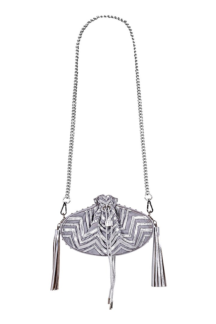 Silver Appliques Potli With Chain & Tassels by Kaeros at Pernia's Pop Up Shop