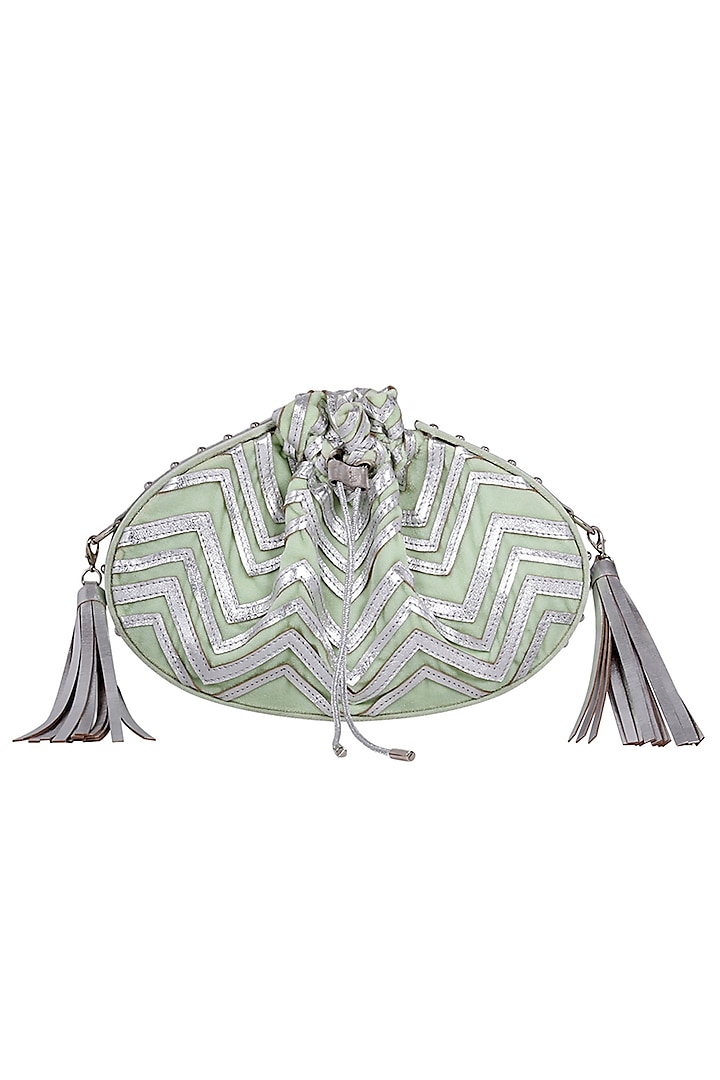 Mint Green Potli Bag With Chain & Tassels by Kaeros