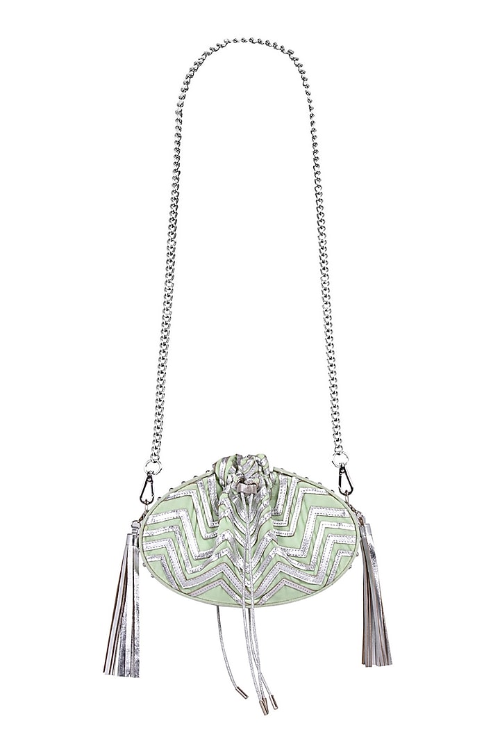 Mint Green Potli Bag With Chain & Tassels by Kaeros at Pernia's Pop Up Shop