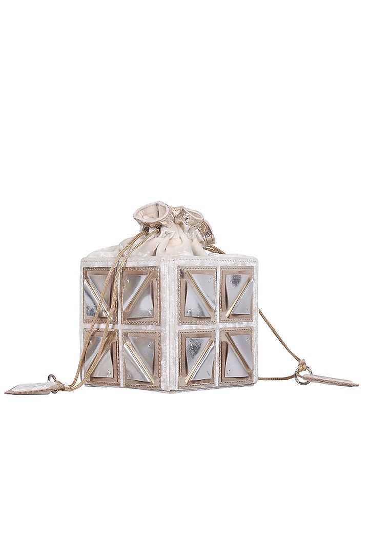 White Appliques Embroidered Potli Bag by Kaeros at Pernia's Pop Up Shop