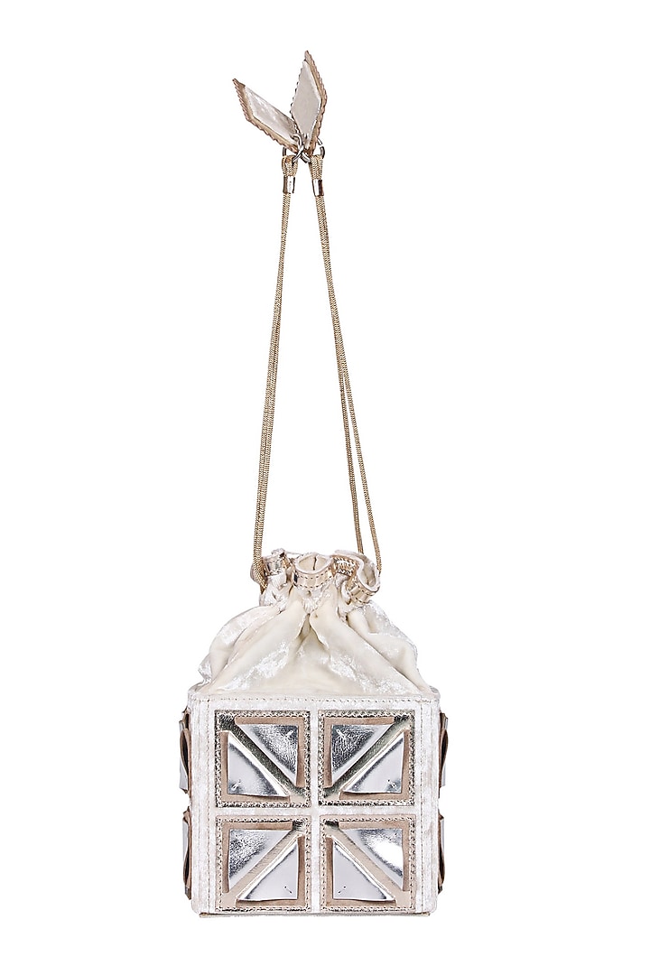 White Appliques Embroidered Potli Bag by Kaeros at Pernia's Pop Up Shop