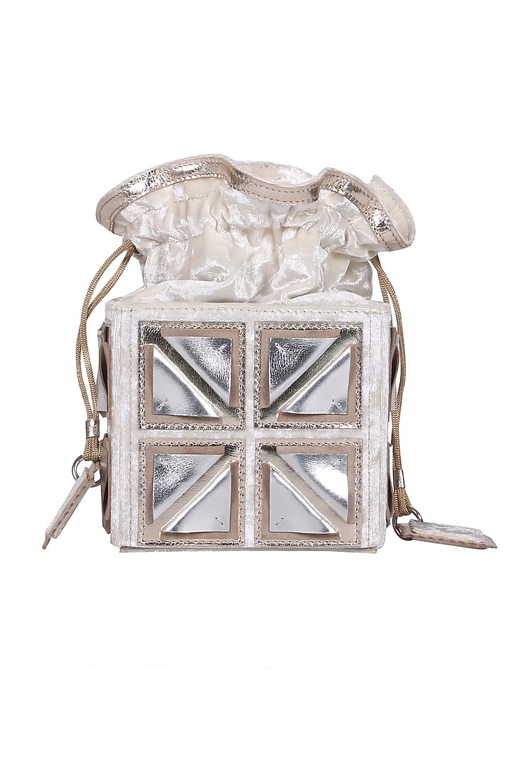 White Appliques Embroidered Potli Bag by Kaeros at Pernia's Pop Up Shop