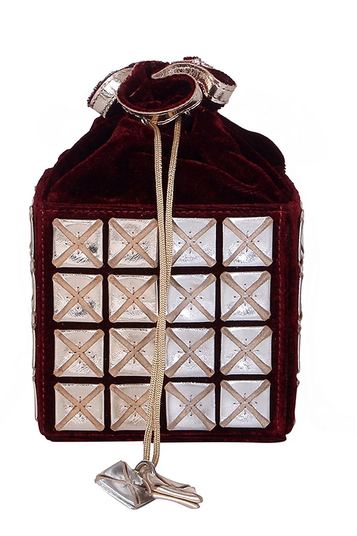 Red Appliques Embroidered Potli Bag by Kaeros at Pernia's Pop Up Shop