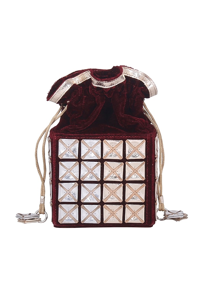 Red Appliques Embroidered Potli Bag by Kaeros at Pernia's Pop Up Shop