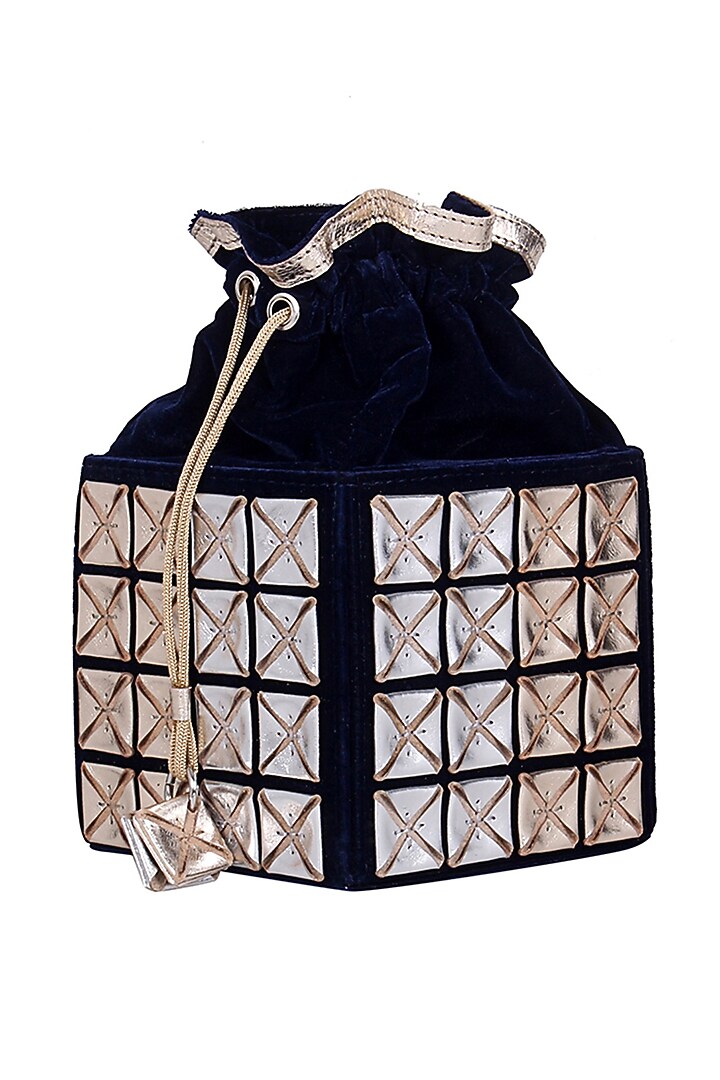 Navy Blue Velvet Potli Bag by Kaeros at Pernia's Pop Up Shop