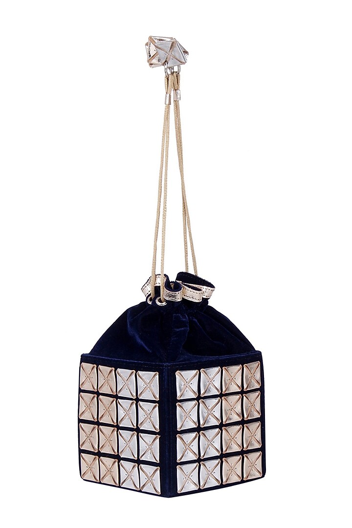 Navy Blue Velvet Potli Bag by Kaeros at Pernia's Pop Up Shop