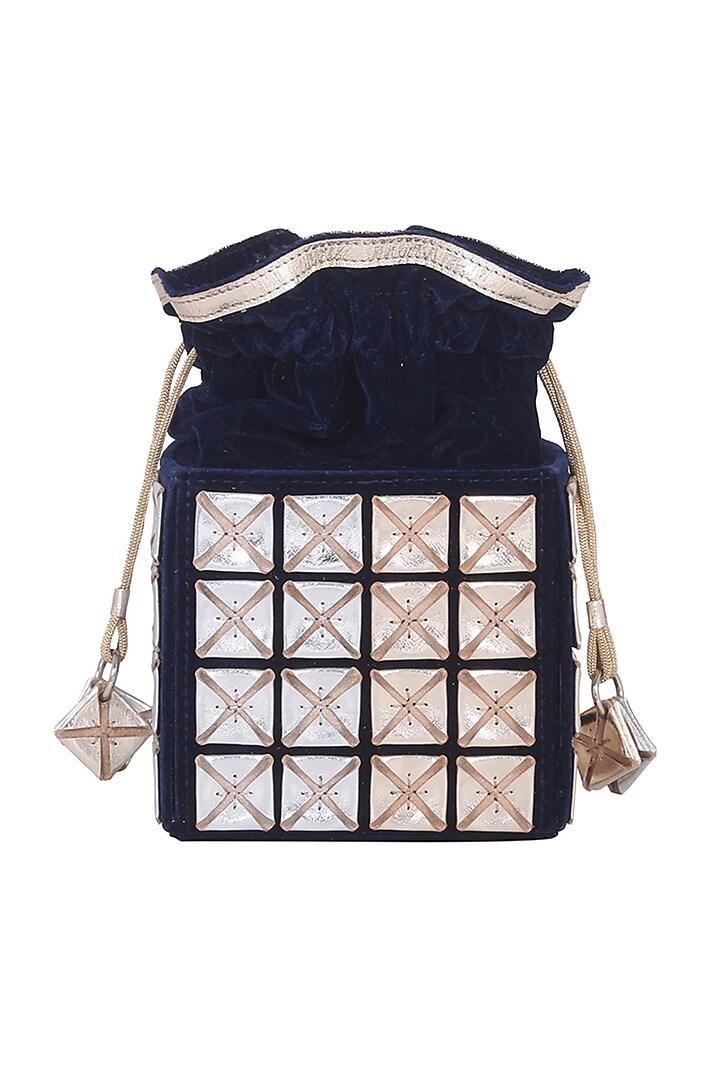 Navy Blue Velvet Potli Bag by Kaeros at Pernia's Pop Up Shop