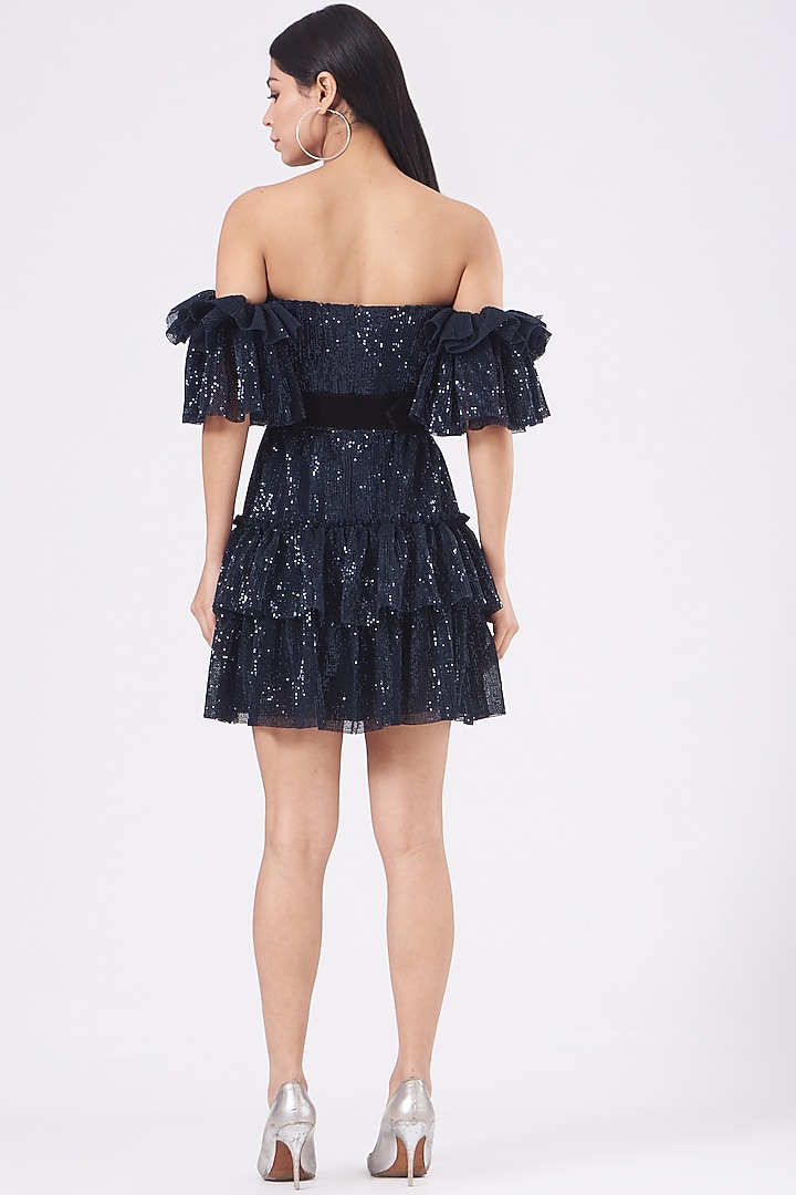 Midnight Blue Off-Shoulder Cocktail Dress by KANGANA TREHAN at Pernia's Pop Up Shop