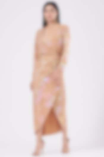 Peach Printed Draped Cocktail Dress by KANGANA TREHAN at Pernia's Pop Up Shop