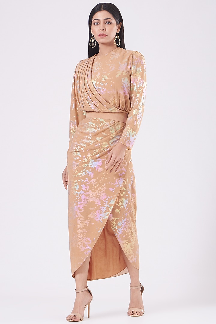 Peach Printed Draped Cocktail Dress by KANGANA TREHAN at Pernia's Pop Up Shop