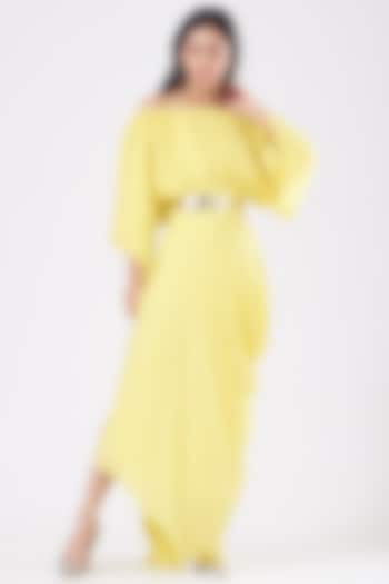 Yellow Draped Cocktail Dress With Belt by KANGANA TREHAN at Pernia's Pop Up Shop