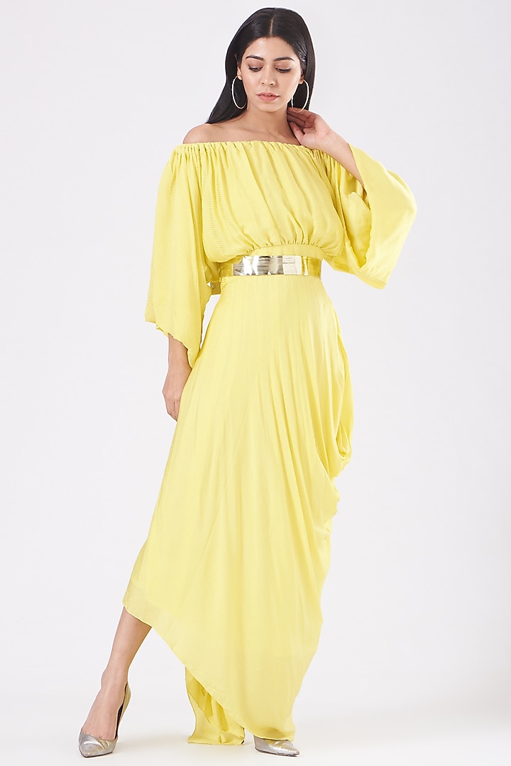 Yellow Draped Cocktail Dress With Belt by KANGANA TREHAN at Pernia's Pop Up Shop