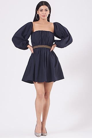Midnight Blue Off-Shoulder Mini Dress by KANGANA TREHAN