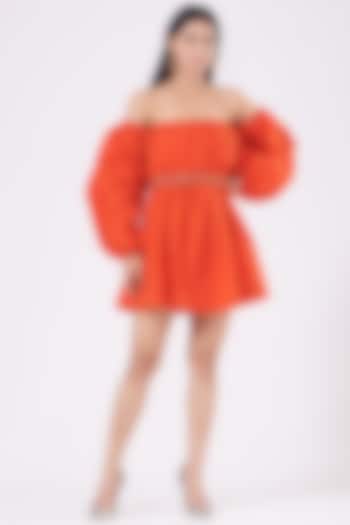 Orange Off-Shoulder Mini Dress by KANGANA TREHAN