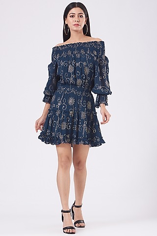 Midnight Blue Embossed Dress by KANGANA TREHAN