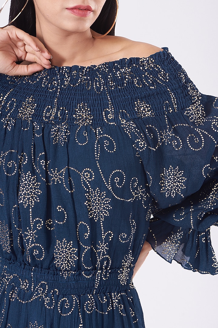 Midnight Blue Embossed Vacation Dress by KANGANA TREHAN at Pernia's Pop Up Shop