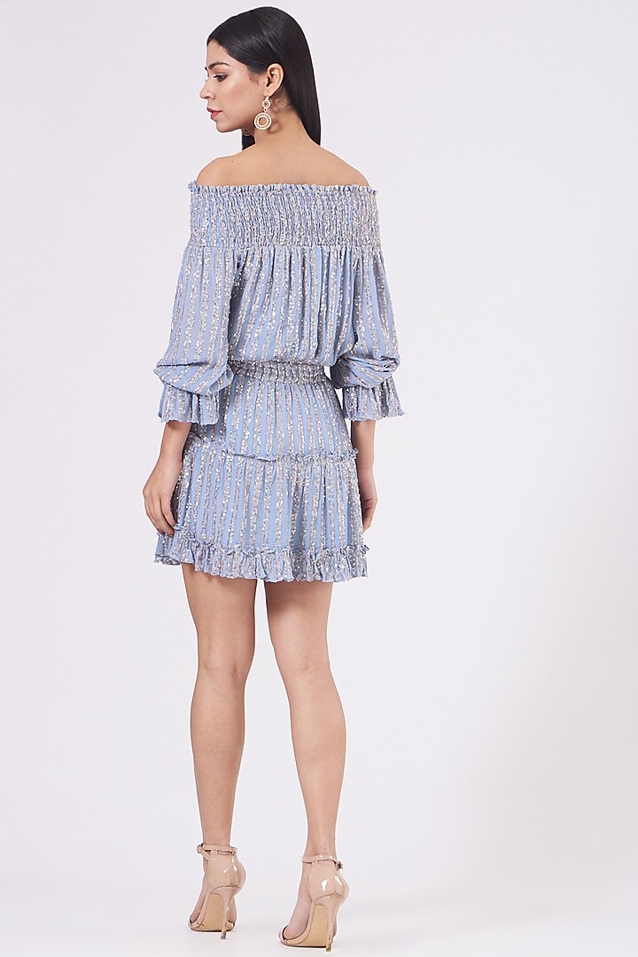 Pale Blue Off-Shoulder Cocktail Dress by KANGANA TREHAN at Pernia's Pop Up Shop