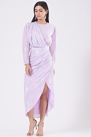 Lilac Printed Draped Dress With Belt by KANGANA TREHAN