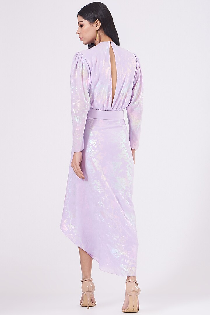 Lilac Printed Draped Cocktail Dress With Belt by KANGANA TREHAN at Pernia's Pop Up Shop