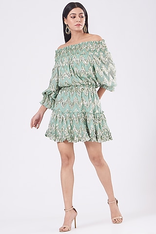 Sage Green Off-Shoulder Dress by KANGANA TREHAN