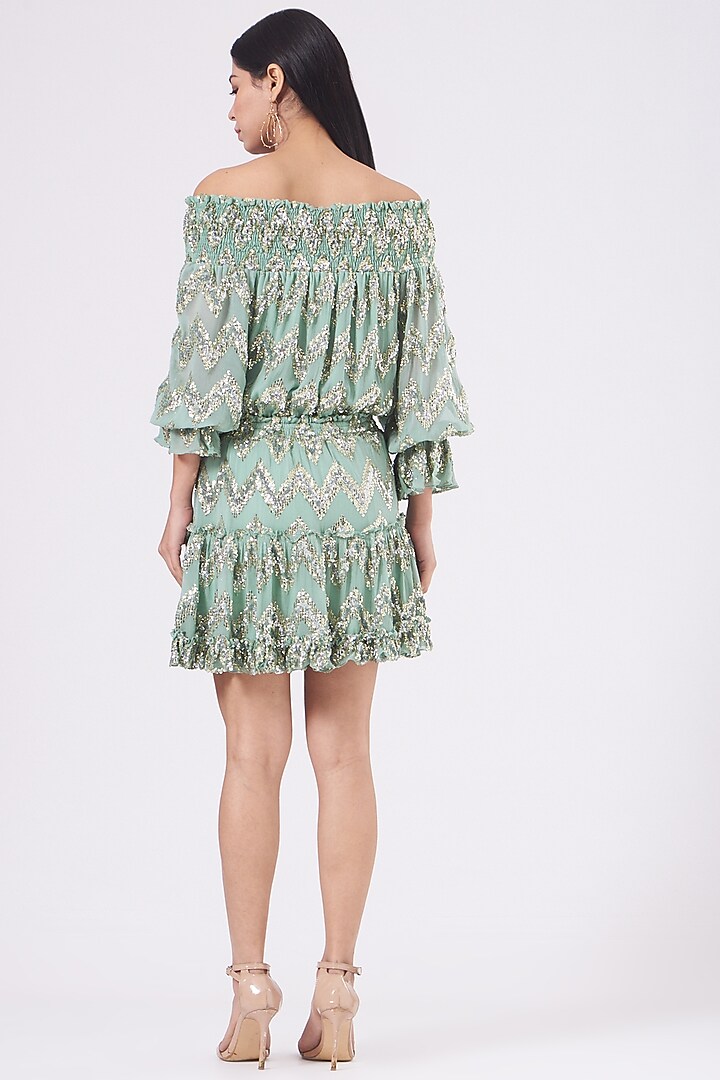 Sage Green Off-Shoulder Cocktail Dress by KANGANA TREHAN at Pernia's Pop Up Shop