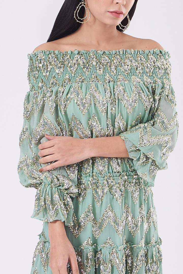 Sage Green Off-Shoulder Cocktail Dress by KANGANA TREHAN at Pernia's Pop Up Shop