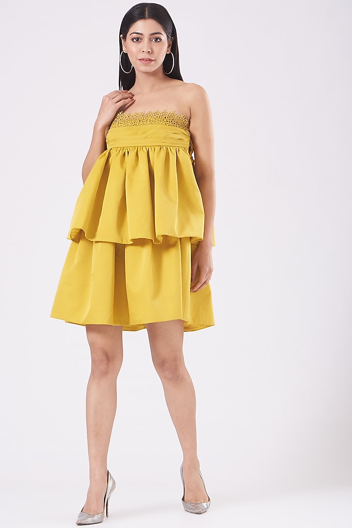 Yellow Strapless Mini Dress by KANGANA TREHAN