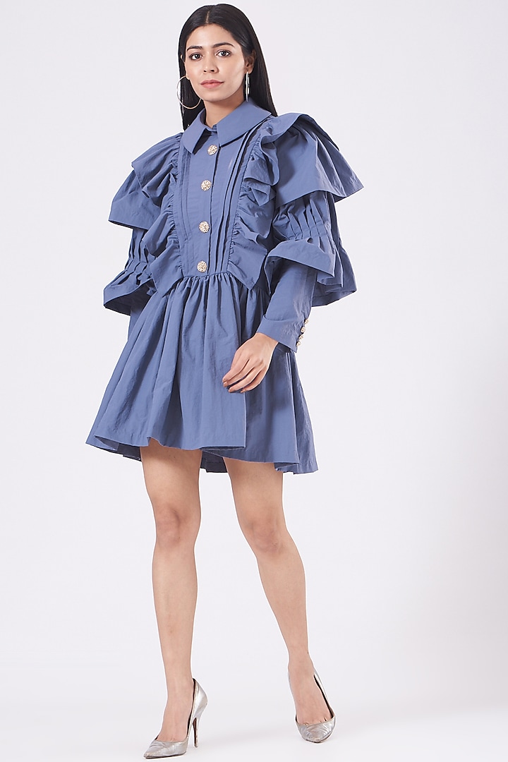 Slate Blue Ruffled Shirt Dress by KANGANA TREHAN