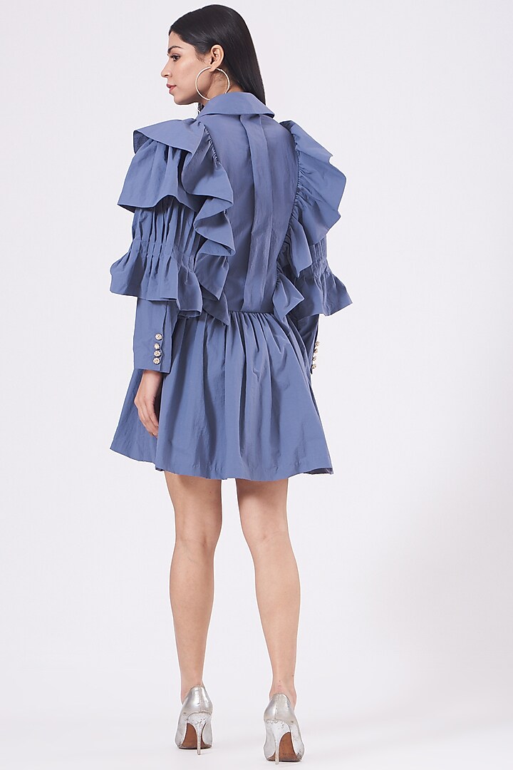 Slate Blue Ruffled Cocktail Shirt Dress by KANGANA TREHAN at Pernia's Pop Up Shop
