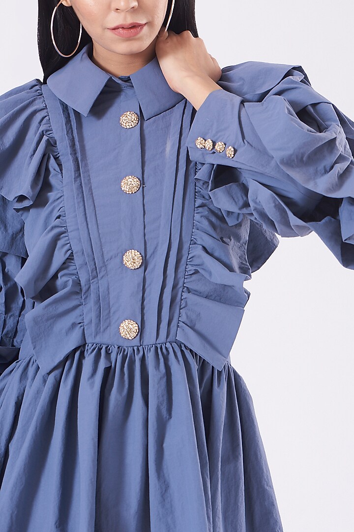 Slate Blue Ruffled Cocktail Shirt Dress by KANGANA TREHAN at Pernia's Pop Up Shop