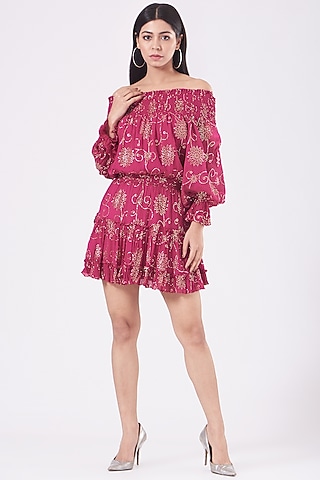 Magenta Off-Shoulder Dress by KANGANA TREHAN