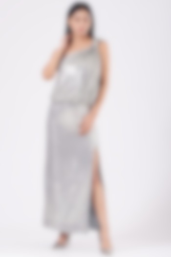 Ash Silver One-Shoulder Dress by KANGANA TREHAN