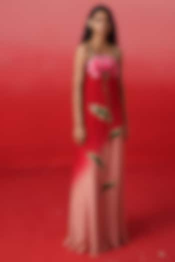 Red & Peach Ombre Crepe Floral Embroidered Maxi Vacation Dress by Kavitha Gutta at Pernia's Pop Up Shop