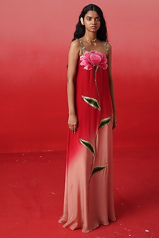 Red & Peach Ombre Crepe Floral Embroidered Maxi Dress by Kavitha Gutta