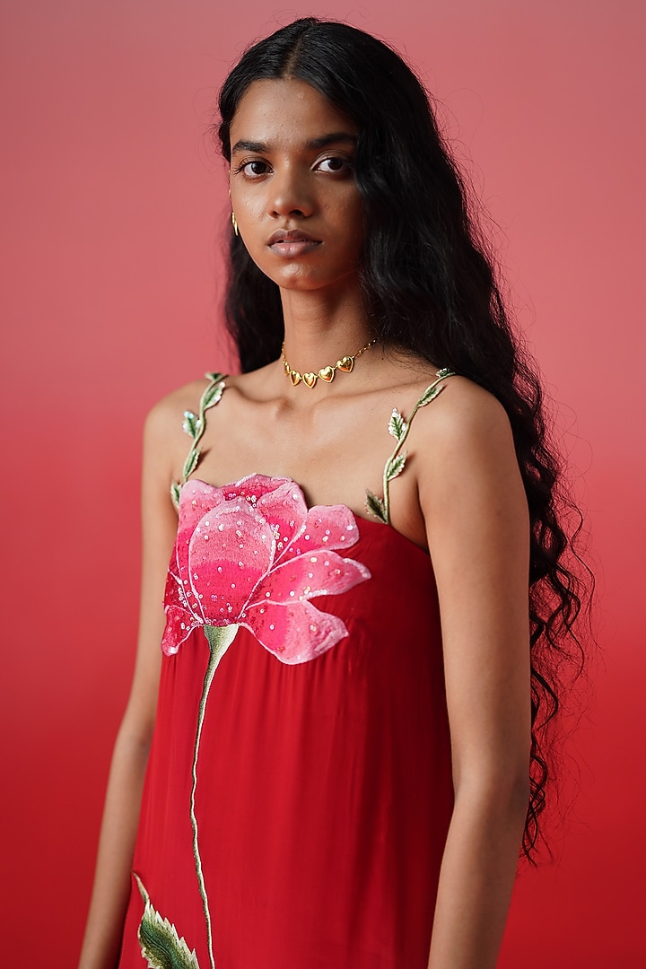 Red & Peach Ombre Crepe Floral Embroidered Maxi Vacation Dress by Kavitha Gutta at Pernia's Pop Up Shop